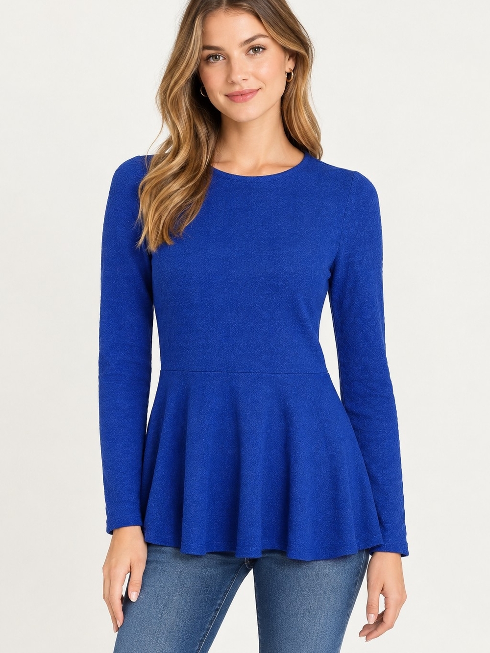 LOFT Sz XS Royal Blue Long-Sleeve Peplum Knit Sweater Business Casual Tailored